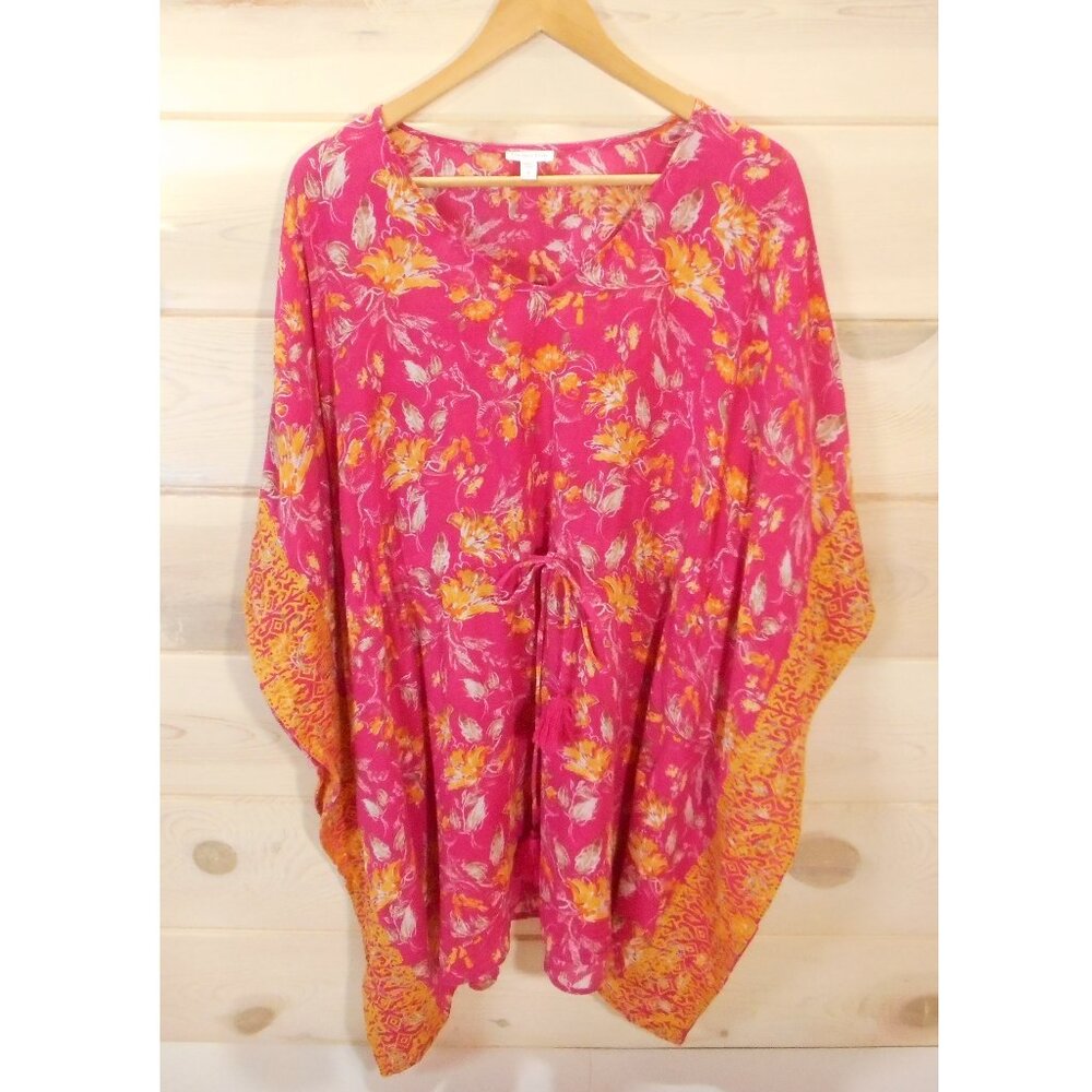Garnet Hill Women's S Embroidered Kaftan Swim Cover Up Pink Tassels Floral